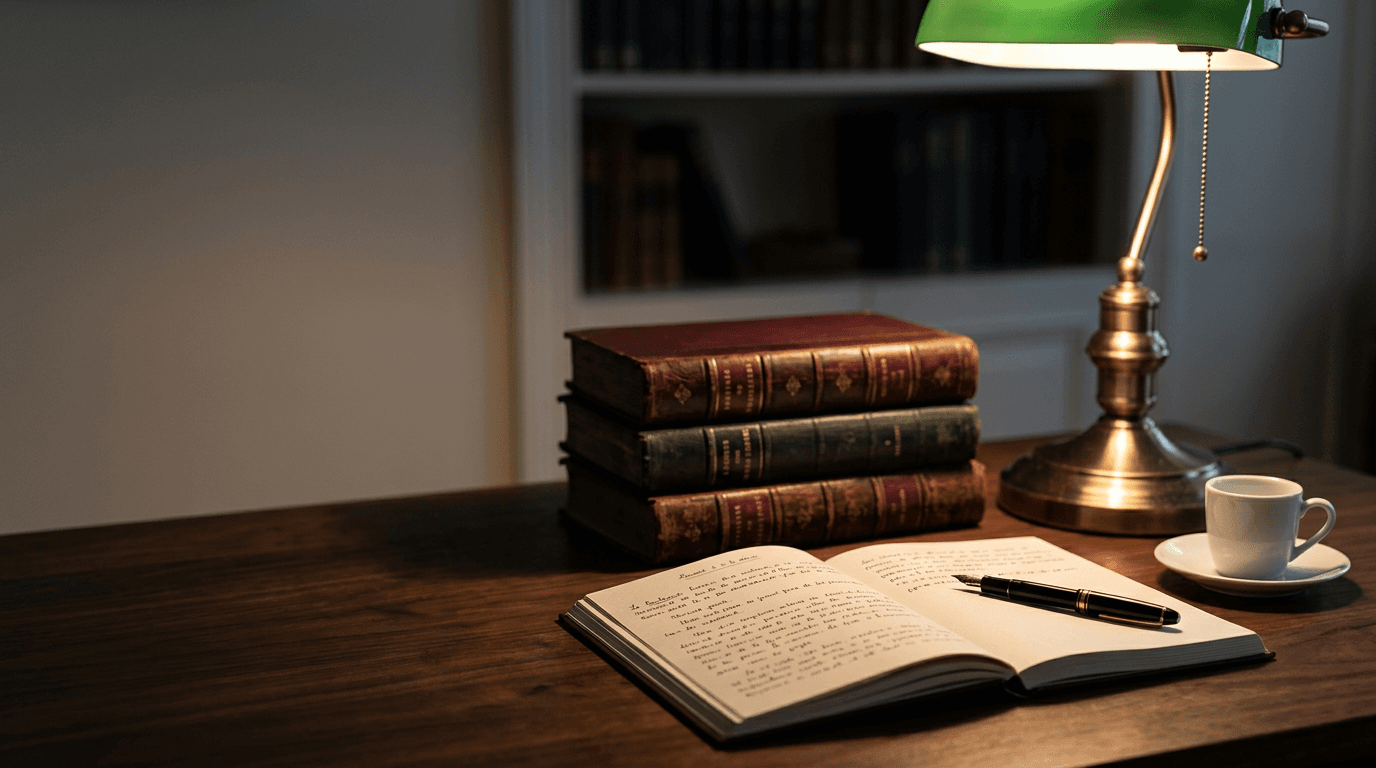 Atelier d'étude au crépuscule — pile d'ouvrages reliés, lampe banker en laiton et cahier de notes manuscrites