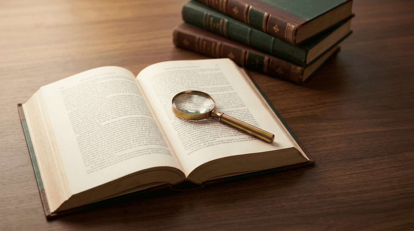 Volume juridique relié ouvert sur un bureau en noyer, loupe à manche en laiton posée sur la page, pile de trois ouvrages aux dos bordeaux et vert forêt rehaussés de filets dorés au second plan — l’art de la lecture attentive d’un arrêt