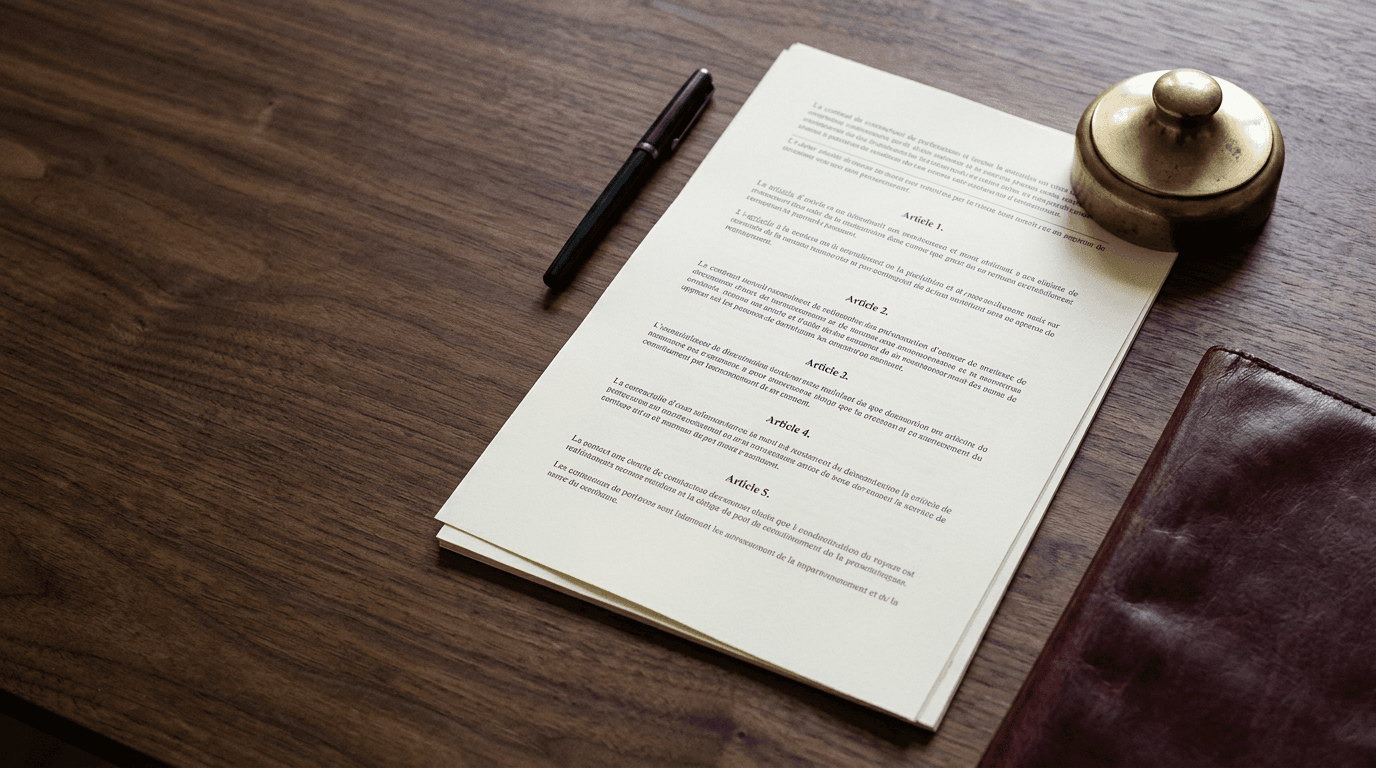 Document contractuel multipage à mise en page formelle (Articles 1, 2, 3 visibles), stylo posé, presse-papiers en laiton et coin d’un portefeuille en cuir bordeaux sur un bureau en noyer — la matérialité d’un contrat civil