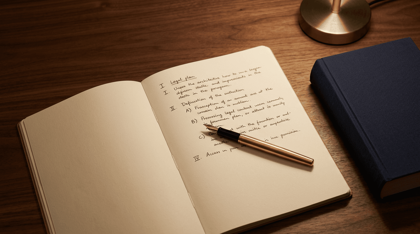 Cahier ouvert sur un bureau en noyer présentant un plan structuré en chiffres romains (I, II, A, B), plume à encre en laiton et résine noire posée en travers, ouvrage à reliure bleu marine et pied de lampe doré au second plan — l’architecture d’une démonstration juridique