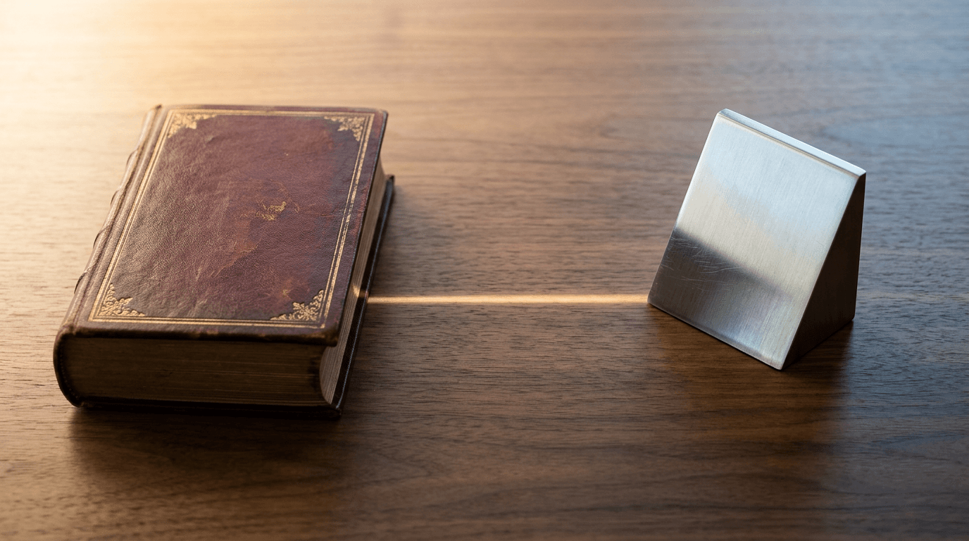 À gauche, un livre ancien en cuir bordeaux à dorures ; à droite, une forme géométrique en acier brossé contemporain ; entre les deux, un mince filet de lumière chaude traversant le bureau en noyer — la conversation entre tradition juridique et innovation technologique