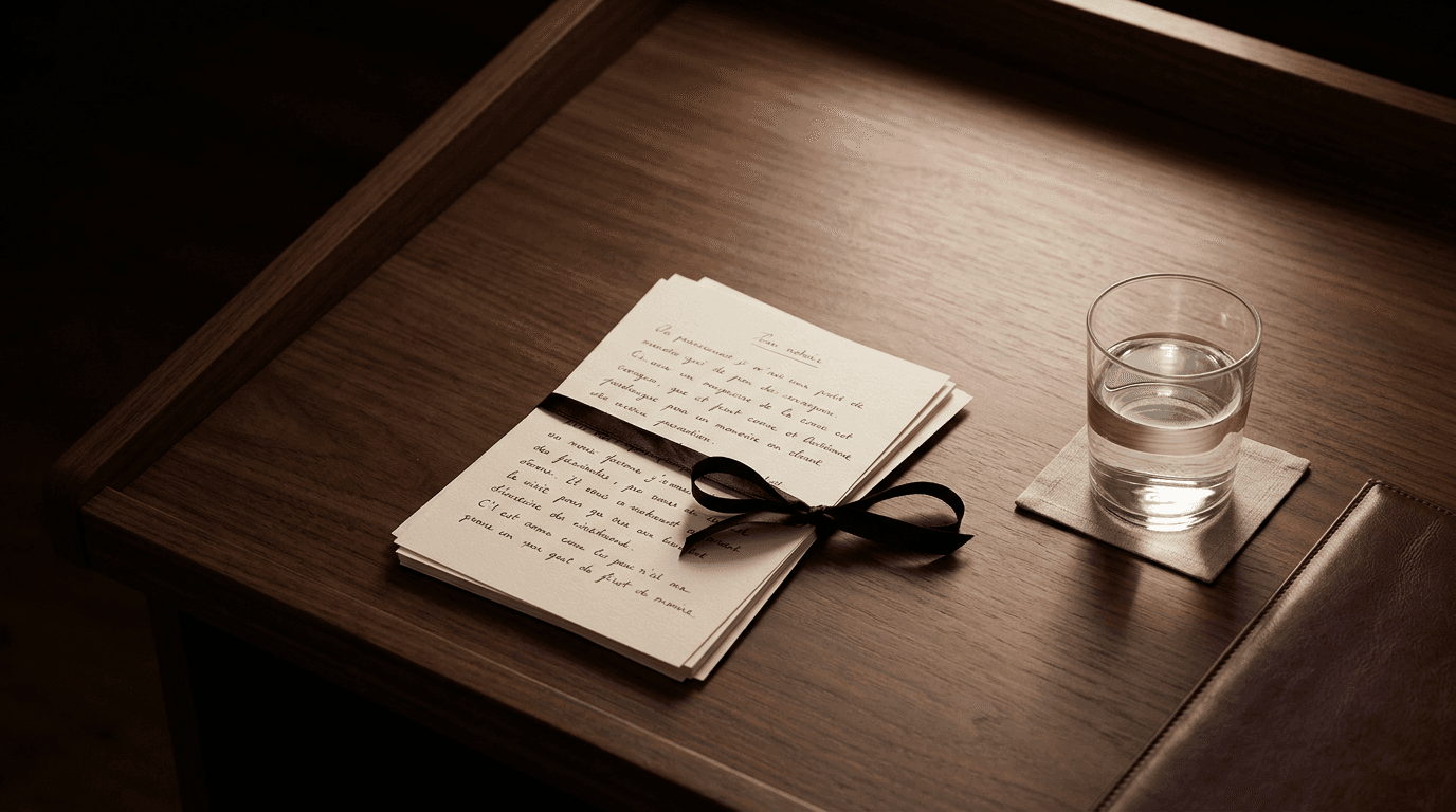 Liasse de notes manuscrites en papier crème nouée d’un ruban de soie noir, verre d’eau posé sur un sous-verre en lin, coin d’un portefeuille en cuir bordeaux sur un pupitre en noyer dans une lumière dirigée — le silence avant la prise de parole