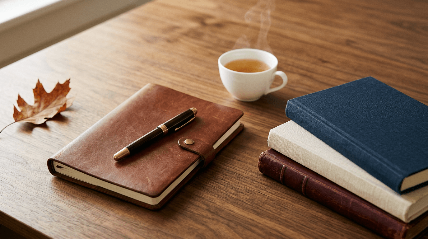 Carnet en cuir cognac fermé sur un bureau en noyer, plume à encre dorée, pile de trois livres aux dos navy, crème et bordeaux, tasse de thé fumante et feuille d’érable séchée — la calme préparation avant la rentrée universitaire