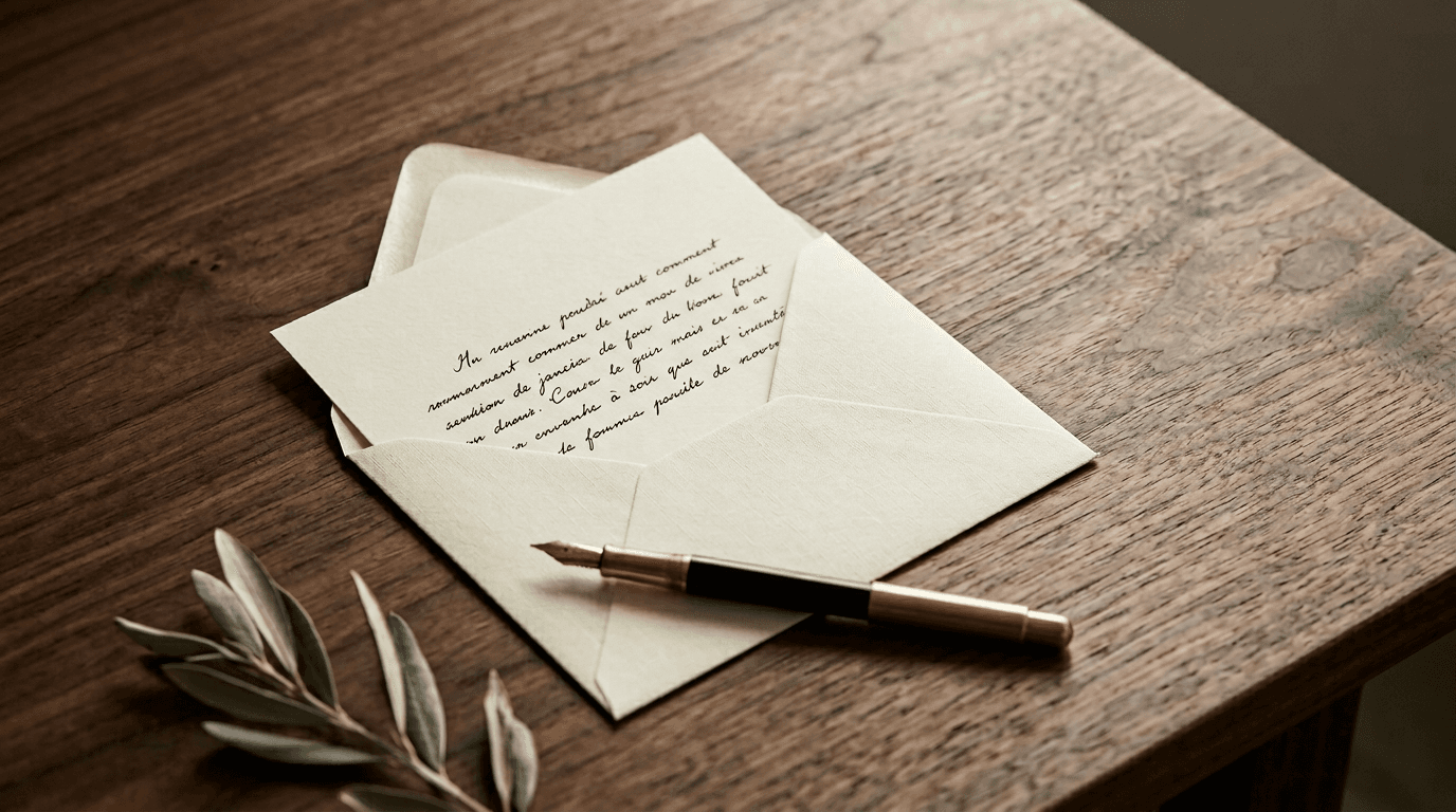 Carte manuscrite glissée dans une enveloppe en lin crème, plume à encre en laiton et brin d'olivier sur un bureau en noyer — la correspondance comme moment d'attention