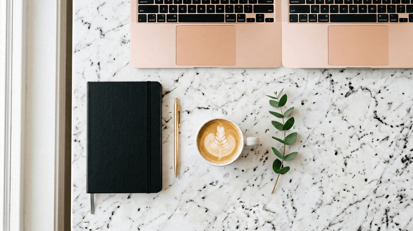 Espace de travail moderne — notebook, café et laptop sur marbre